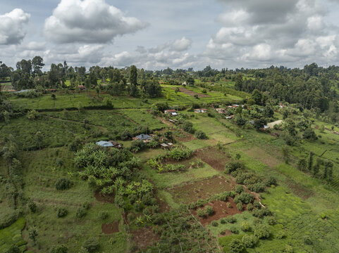 Aerial view of rolling hills stitched with vibrant green tea plantations and small dwellings under a vast cloudy sky, Nyeri, Nyeri, Kenya.