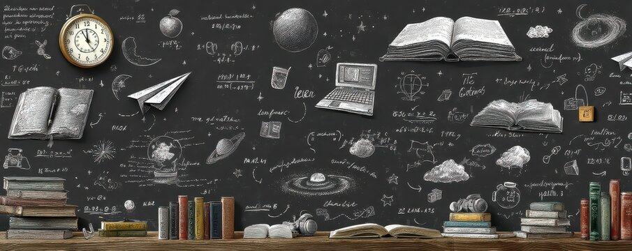 Illustrative chalkboard with books and sketches explores science education themes