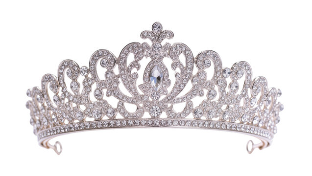 Ornate silver tiara adorned with sparkling rhinestones, isolated on transparent background