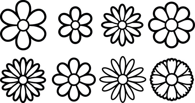 Black and white daisy flower icons with varied petal shapes and outlines