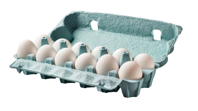 Pale blue egg carton holding a dozen white eggs, isolated on transparent background