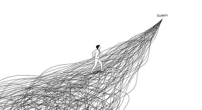 A man walking on a complex path towards the unknown.