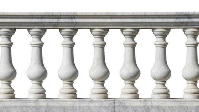 White marble balustrade with carved balusters, isolated on transparent background