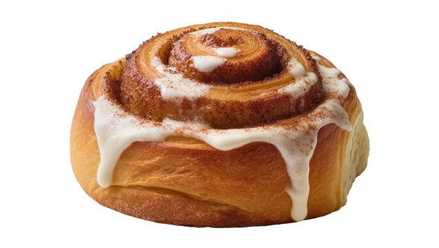 Golden brown cinnamon roll with white icing, isolated on transparent background
