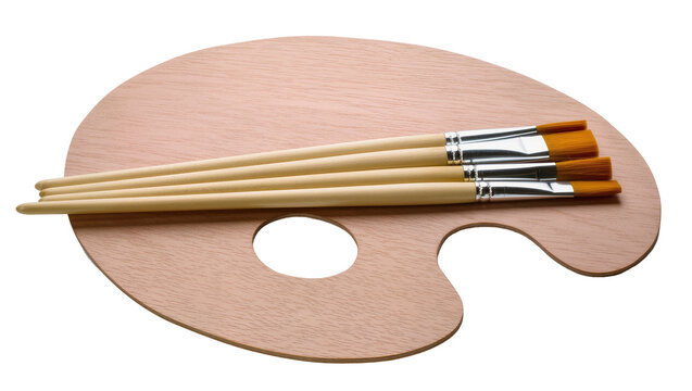 Wooden artist palette with four paint brushes, isolated on transparent background