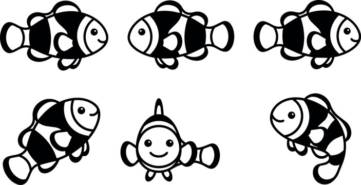 Black and white clownfish vector art with smiling faces in various poses