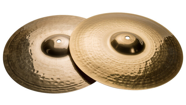 Two hammered brass cymbals with textured surfaces, isolated on transparent background