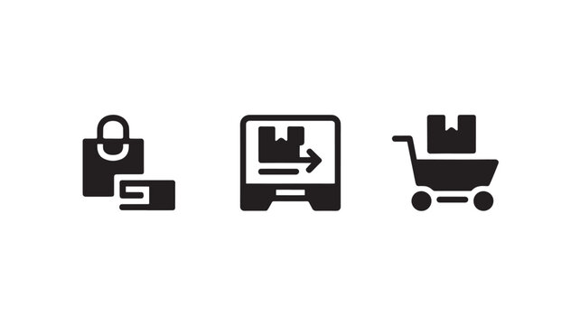 Ecommerce Icons Set Shopping Cart Bag Delivery Screen Online Store Minimal Black Silhouette Vector