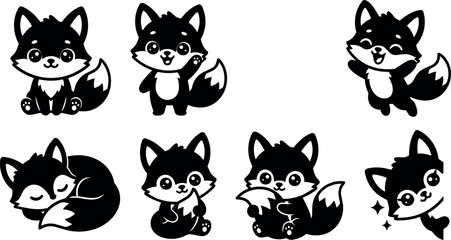 Obraz premium Black and white cute foxes in various poses vector art illustration