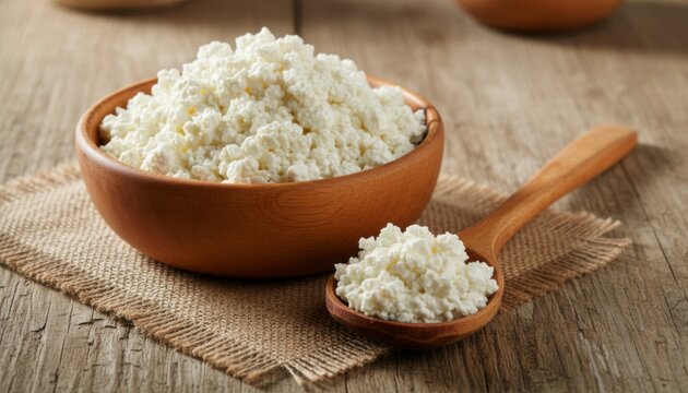 Fresh cottage cheese in a wooden bowl on a rustic table
