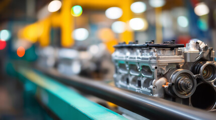 Fototapeta premium Detailed view of car engines moving along a production line in a modern automotive factory. Defocused factory background. Car engines line, automotive production, engine