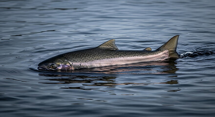 Obraz premium A large, iridescent salmon fish swimming in dark blue water, creating ripples and reflecting light, showcasing natural aquatic life in motion
