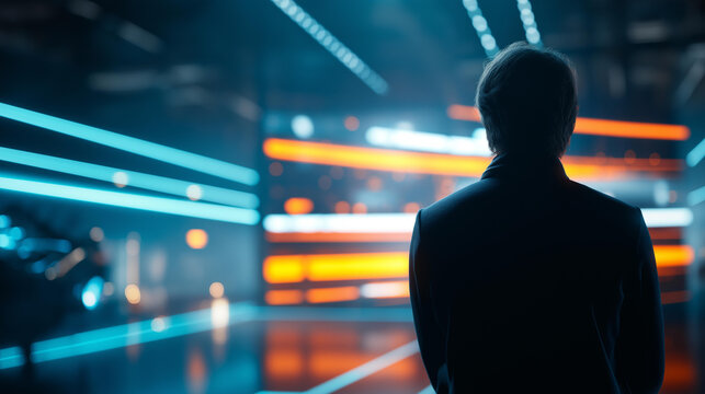 Faceless cinematographer shooting on a virtual production stage with huge LED screens in a futuristic film concept. Defocused LED background. Virtual production, LED screen,