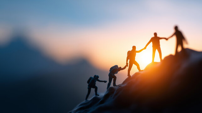 Faceless group of mountain climbers helping each other reach the peak in a team work and travel success concept. Defocused mountain background. Mountain peak teamwork, climbing