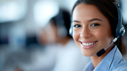 Fototapeta premium Faceless happy woman computer consultant in a call center for banking support, help desk, or coworking with a smile and technology for customer service and financial loan