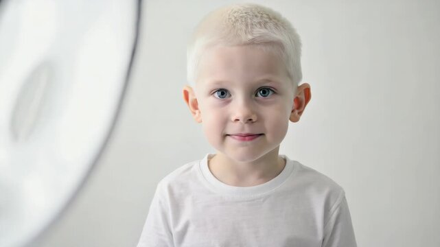 A joyful child with short blond hair smiling for a portrait.