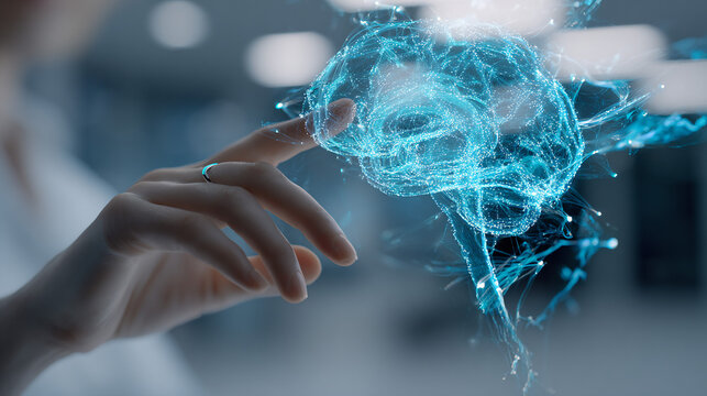 Business woman interacting with complex artificial intelligence data mesh