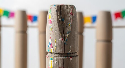 Naklejka premium A close-up of a wooden object with colorful confetti and paper rolls in the background