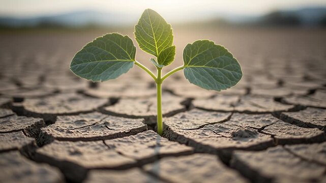 tiny green seedling sprouting through cracked dry earth in arid desert landscape, soft sunlight on horizon, powerful symbol of hope, resilience and life against climate crisis