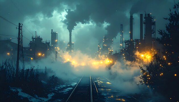 Atmospheric industrial landscape with smoking chimneys and railroad tracks shrouded in mist and illuminated by dramatic artificial lighting, evoking a sense of foreboding and mystery
