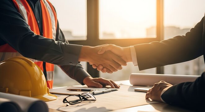 Construction business partners shaking hands, finalizing a successful agreement