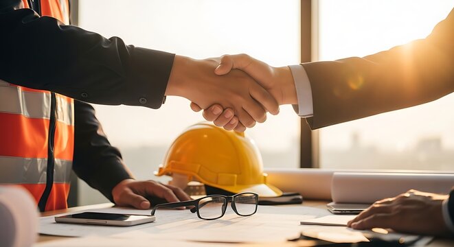 Business handshake agreement over construction project success