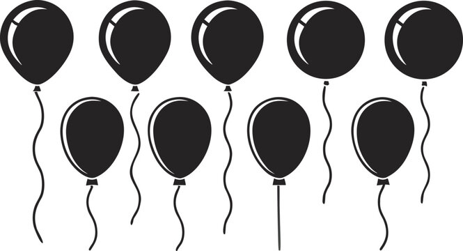 Black party balloons with strings set isolated on white background
