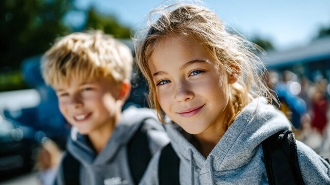 Children smile during school day at a busy playground in autumn with classmates around them