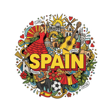 A colorful doodle illustration representing iconic spanish culture and traditions