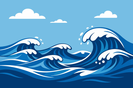 Ocean Waves Vector Illustration with Rolling Blue Waves, Foamy Crests and Clouds in Clear Sky Seascape