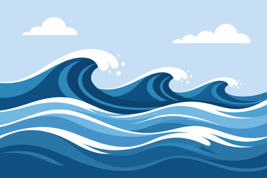Stylized Sea Waves Background with Clouds, Calm Ocean Scene and Minimal Marine Illustration