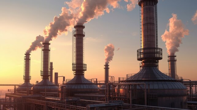 Industrial fractional distillation towers emitting smoke at sunset oil refinery plant with multiple chimneys