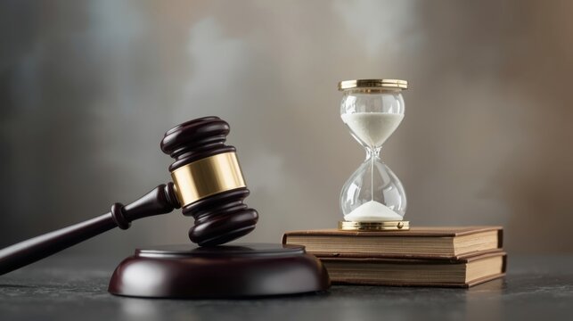 Gavel rests beside delicate hourglass on stacked books symbolizing justice and time