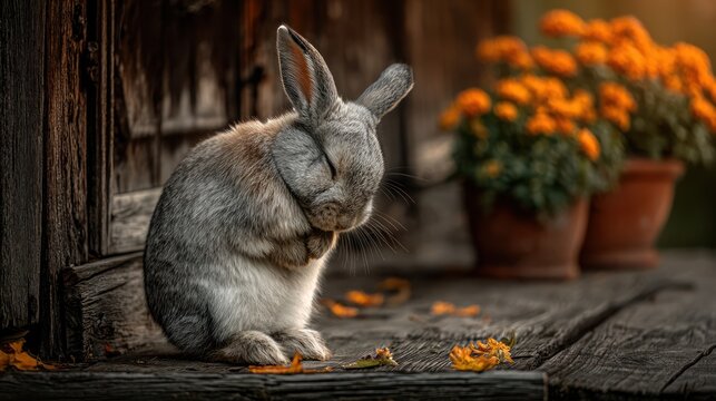 White Rabbit Sitting on Wooden Floor.