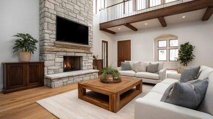 Obraz premium A spacious and contemporary living room featuring a stone fireplace sectional sofa and modern wooden accents