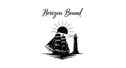 Nautical vintage illustration featuring a sailing ship, lighthouse, and sun with Horizon Bound text. © RohimanMan