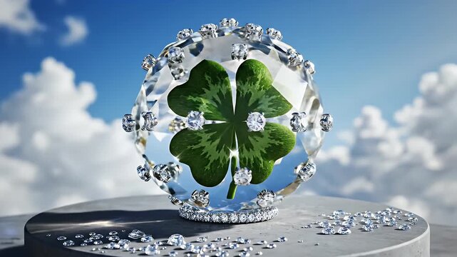 A Suspended Crystal Sphere Encloses a Four-Leaf Clover Above a Circular Concrete Pedestal Under a Bright Sky