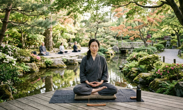 A woman seating in lotus pose meditates beside a tranquil pond in a lush Zen garden, surrounded by greenery, blossoms on a small wooden bridge. Relax and mindful focus concept.
