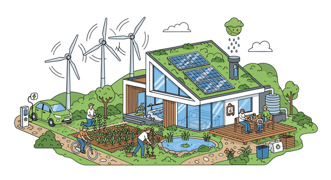 Eco friendly house design featuring renewable energy sources and sustainable living practices for a greener future