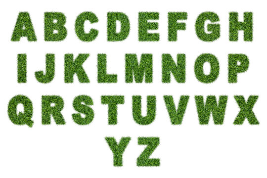 Complete set of alphabet letters and numerals from zero to nine with a lush green grass texture, isolated on white background. Eco-friendly concept. Side view. 3D render illustration
