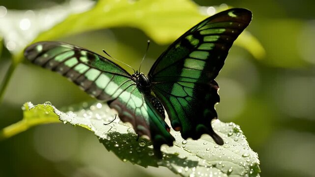 A vibrant emerald butterfly with striped green and black wings perched on a dew-speckled leaf