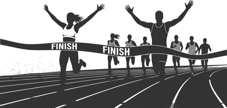 Silhouettes of a male and female runner crossing the finish line together on a stadium track. For marathon event banners, motivational sports posters, or fitness achievement blogs. Transparent EPS.