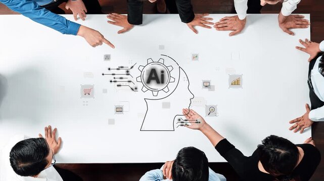 A diverse group of professionals collaborates on artificial intelligence strategies at a modern workplace. The scene illustrates teamwork and innovative thinking in action. Raster