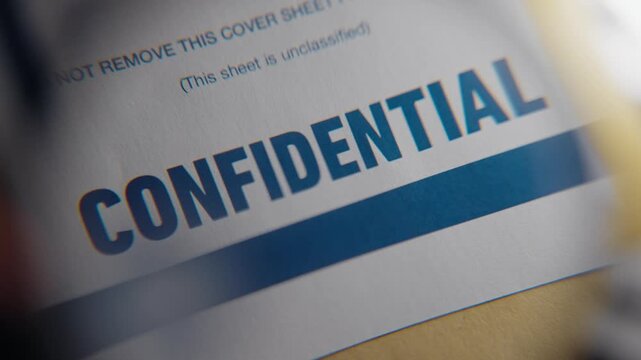 Magnifying glass showing classified government file folder labeled confidential. Modern military or spy agency surveillance coversheet manila envelope with blue label. Top secret data and intelligence