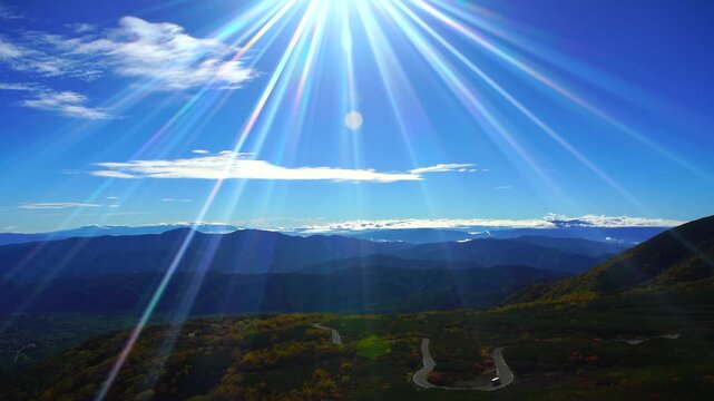 乗鞍岳位ヶ原の紅葉と乗鞍エコーラインと太陽の光芒