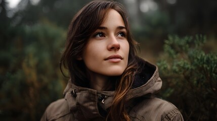 Fototapeta premium A thoughtful portrait of a young woman standing in a lush outdoor environment reflecting on the journey ahead