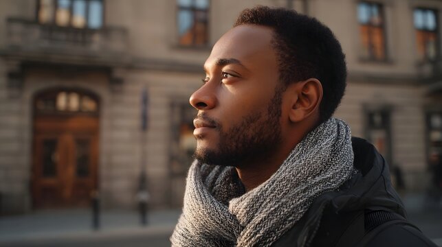 A thoughtful portrait capturing a man in an urban environment as he pauses to consider his thoughts and future path
