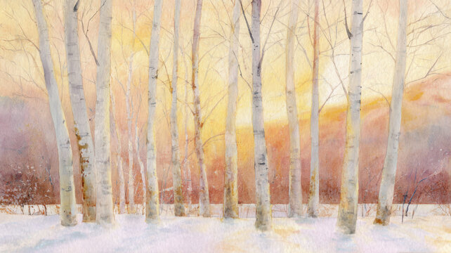 Watercolor Winter Forest with Tall Birch Trees at Sunset