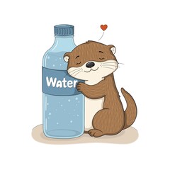 Cute otter hugging water bottle hydration concept cartoon animal for wellness, self care and healthy lifestyle illustration