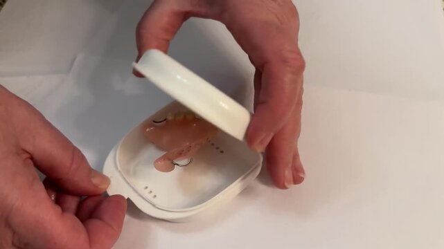 Woman hand holding denture white case, closeup of pink acrylic prosthesis inside open compact on white background, clinical.